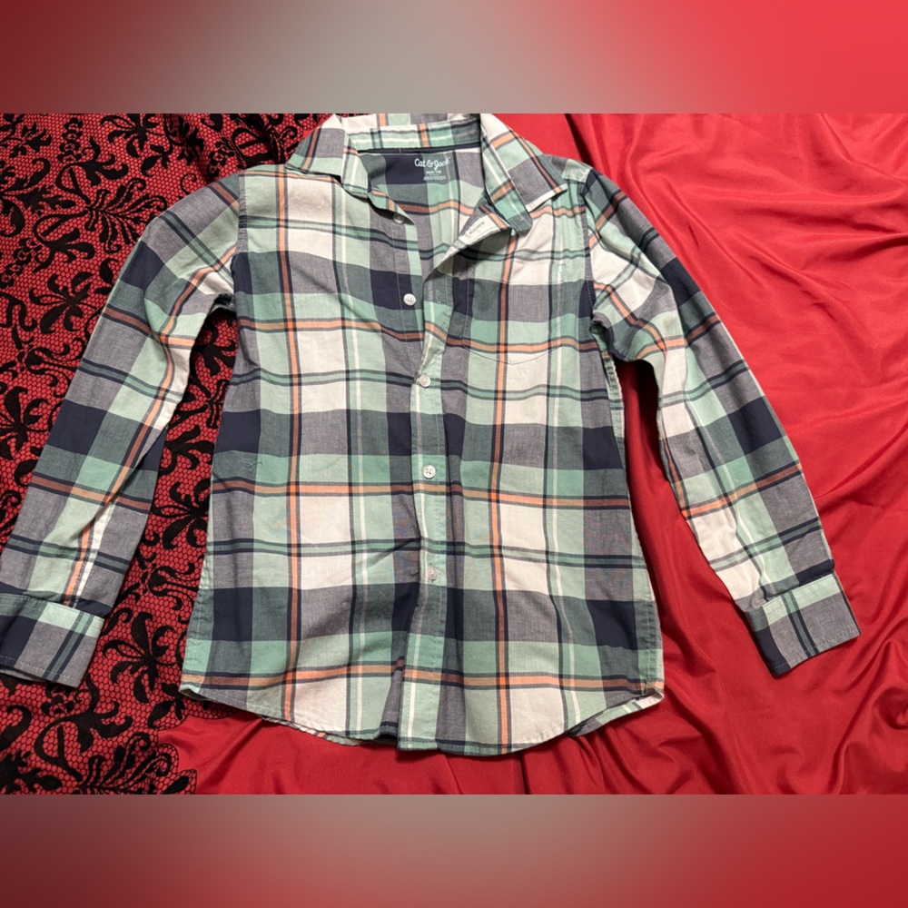 Cat & Jack Plaid Button-Down Shirt in Mint, Navy & White